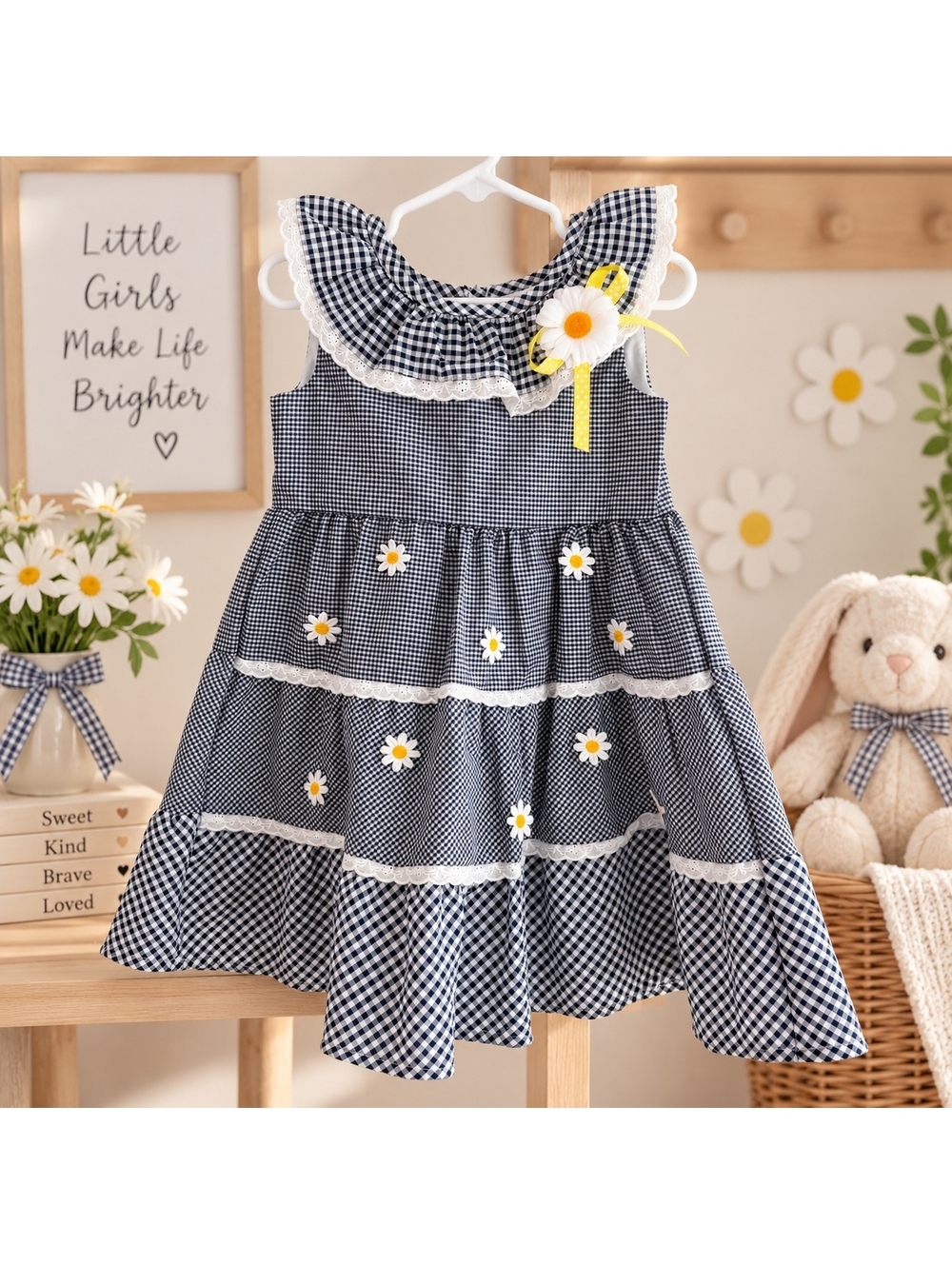 Blueberi Boulevard Girls 3T Black & White Gingham Daisy Tiered Ruffle Dress